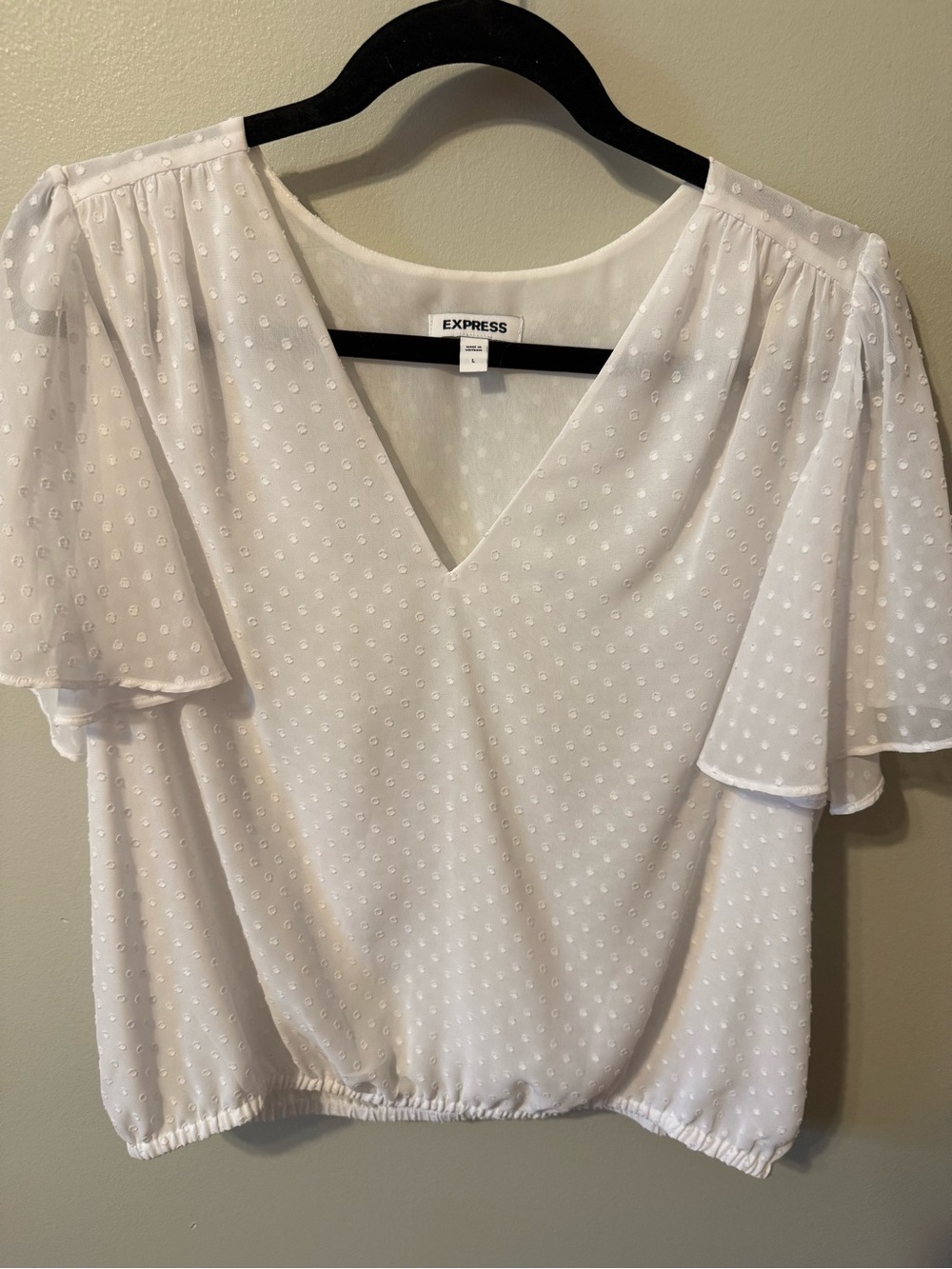 Express White Swiss Dot V-Neck Flutter Sleeve Blouse